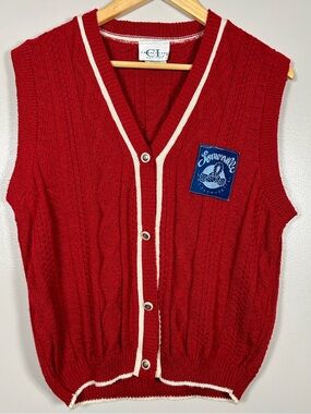 Vintage Cricket Lane Red Cable Knit Sweater Vest Somerville MA Patch USA